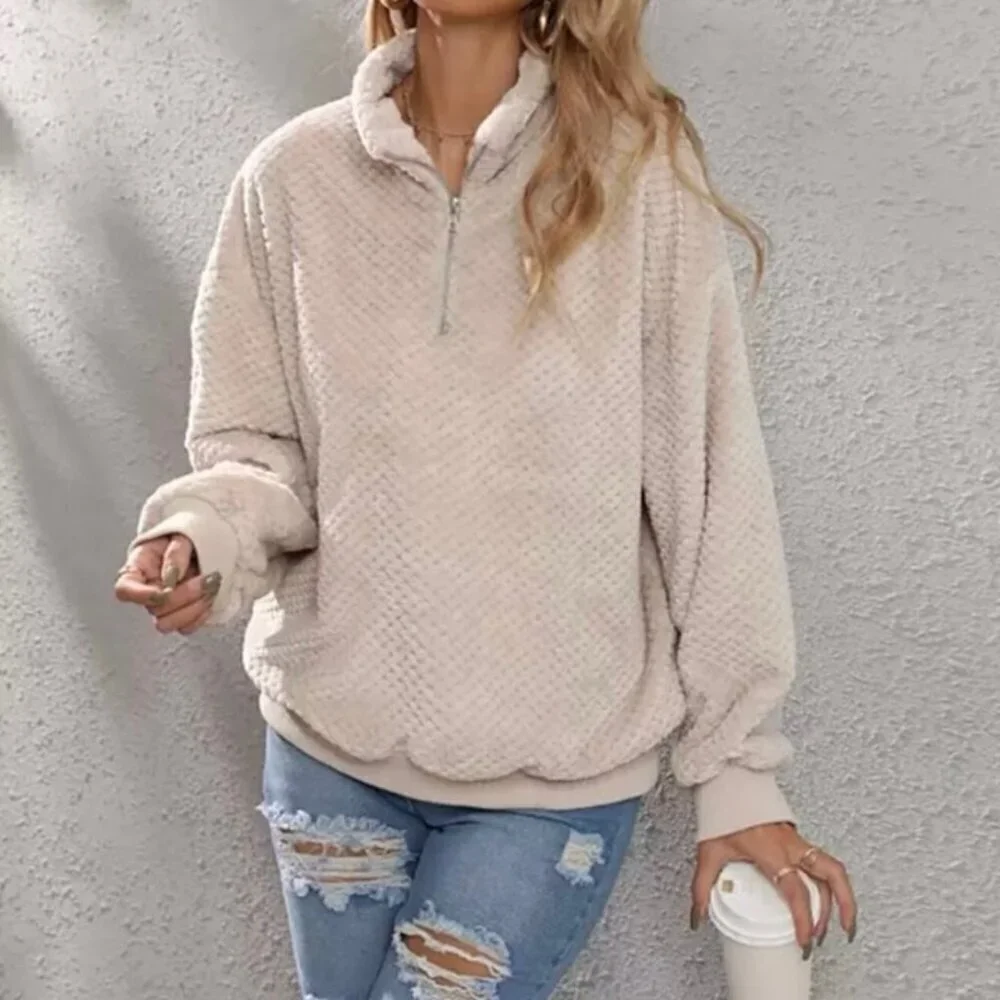 Shein Beige Textured Fleece Pullover Medium Long Sleeve 1/4 Zip Cozy Sweatshirt
